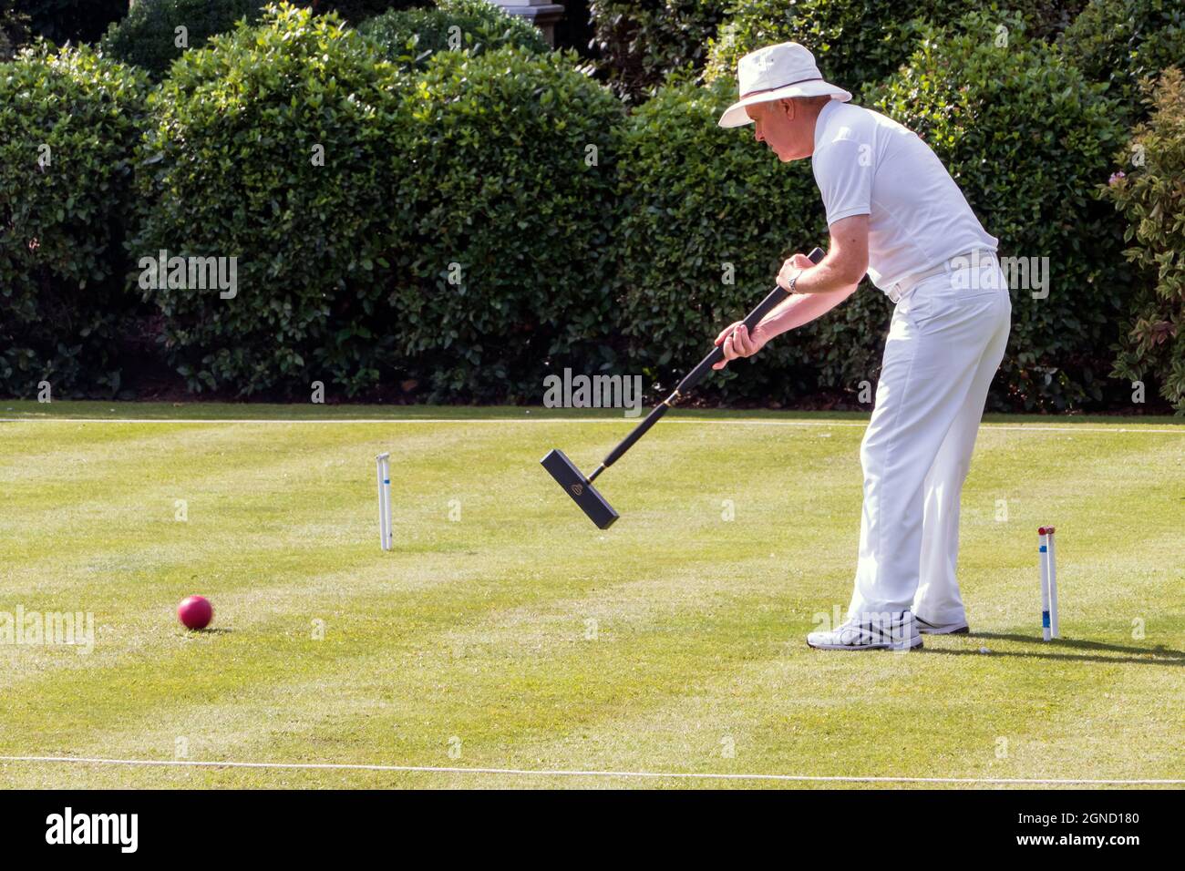Match de croquet sur un jardin de la maison de campagne anglaise dans le Yorkshire Royaume-Uni Banque D'Images