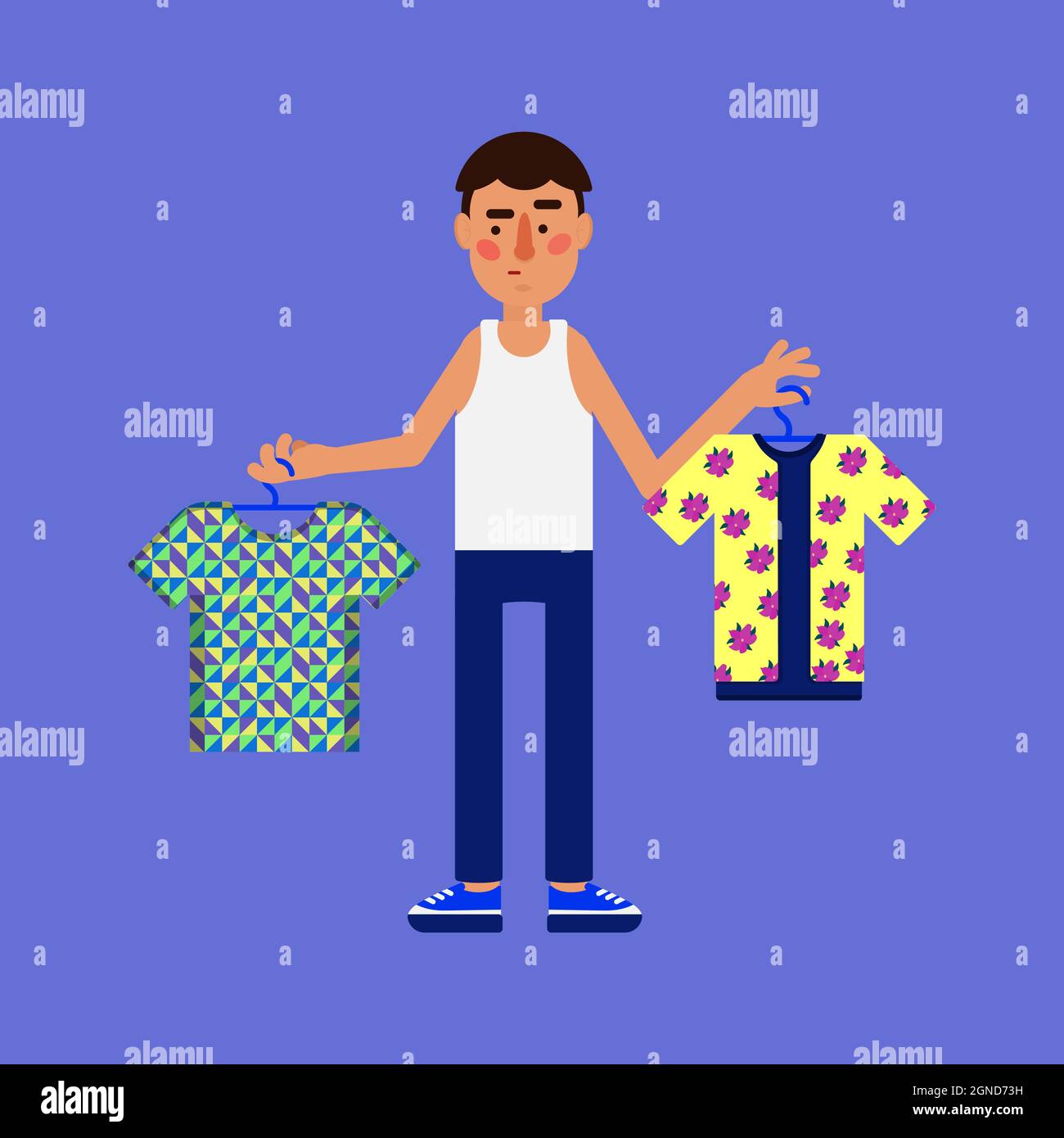 Homme tenant deux cintres avec des chemises. Indécision sur ce qu'il faut porter. Illustration de Vecteur