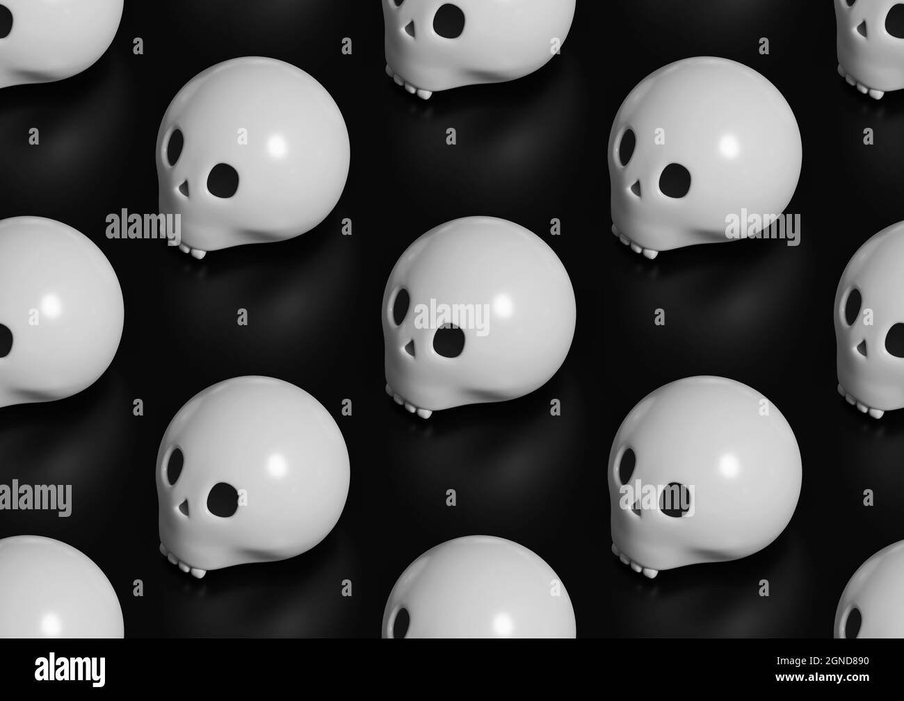Arrière-plan de Halloween. Motif isométrique sans couture de crânes de dessins animés sur fond noir. illustration 3d. Banque D'Images