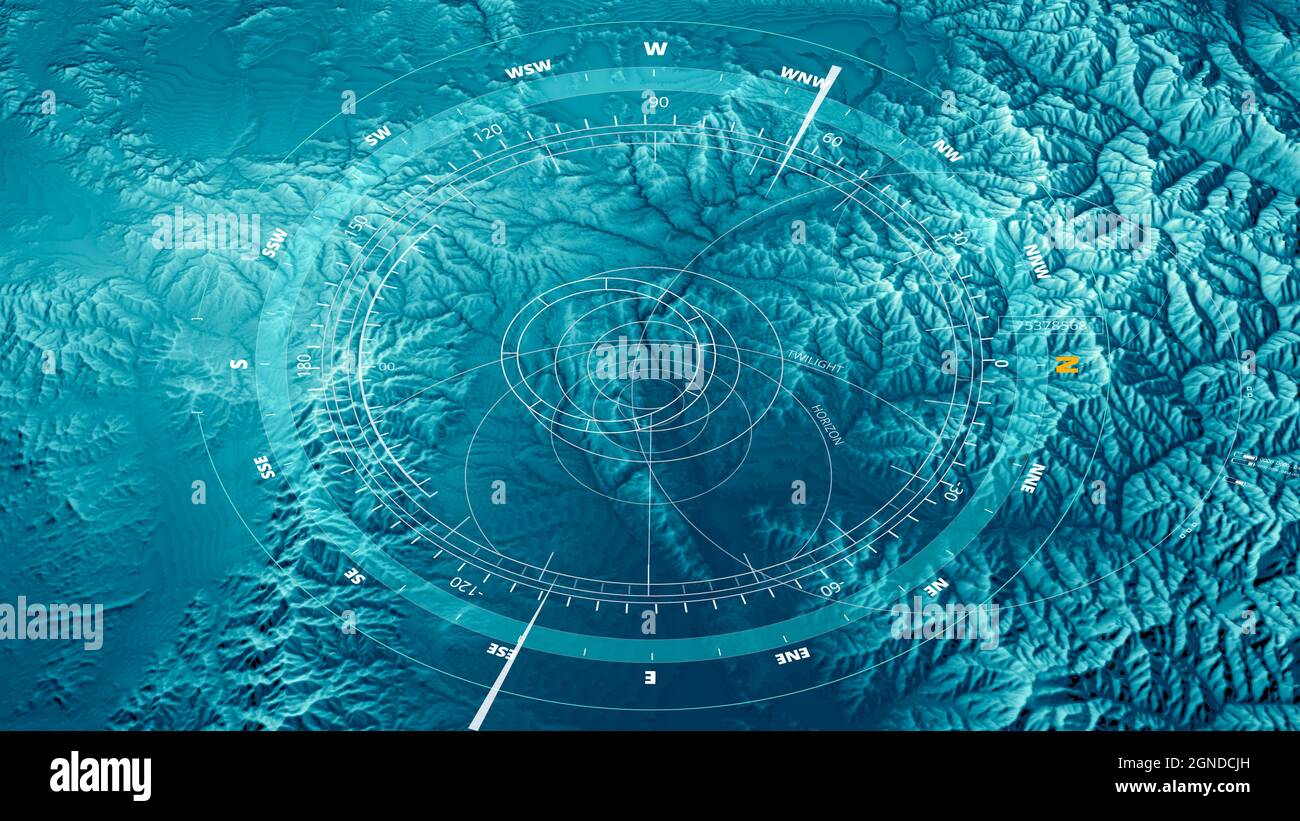 Vue satellite sur la terre, les opérations de guerre, la science-fiction, la vision nocturne avec des teintes bleues. Cible militaire. Drone. Opération militaire. Reliefs de montagne et plaines. Banque D'Images