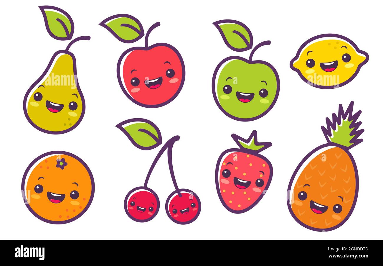 Scénario ensemble plat illustration d'un fruit dans le style kawaii. Fruits et baies mignons dans le style manga. Illustration de Vecteur