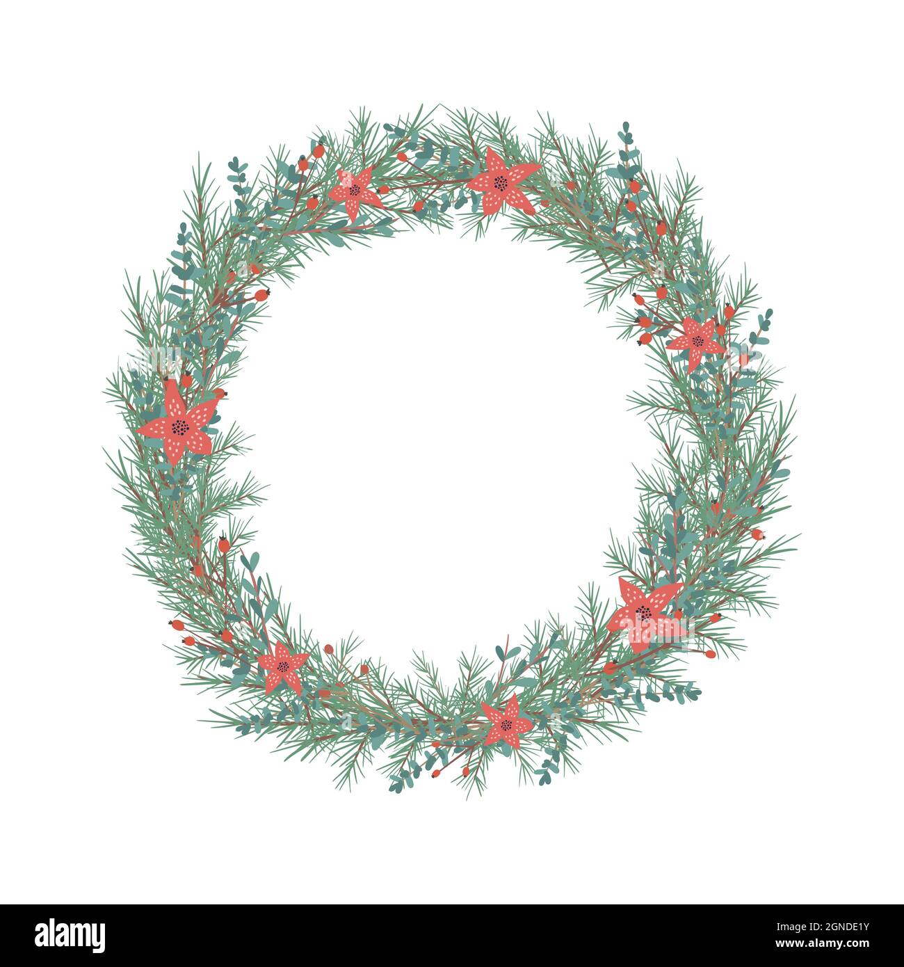 Illustration Noël et joyeux nouvel an avec couronne de Noël. Brindilles d'épinette verte, poinsettia et baies rouges. Illustration vectorielle. Design nature gr Illustration de Vecteur