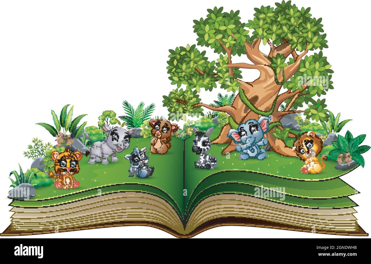 Livre ouvert avec dessin animé animal jouant dans le parc sous un grand arbre Illustration de Vecteur