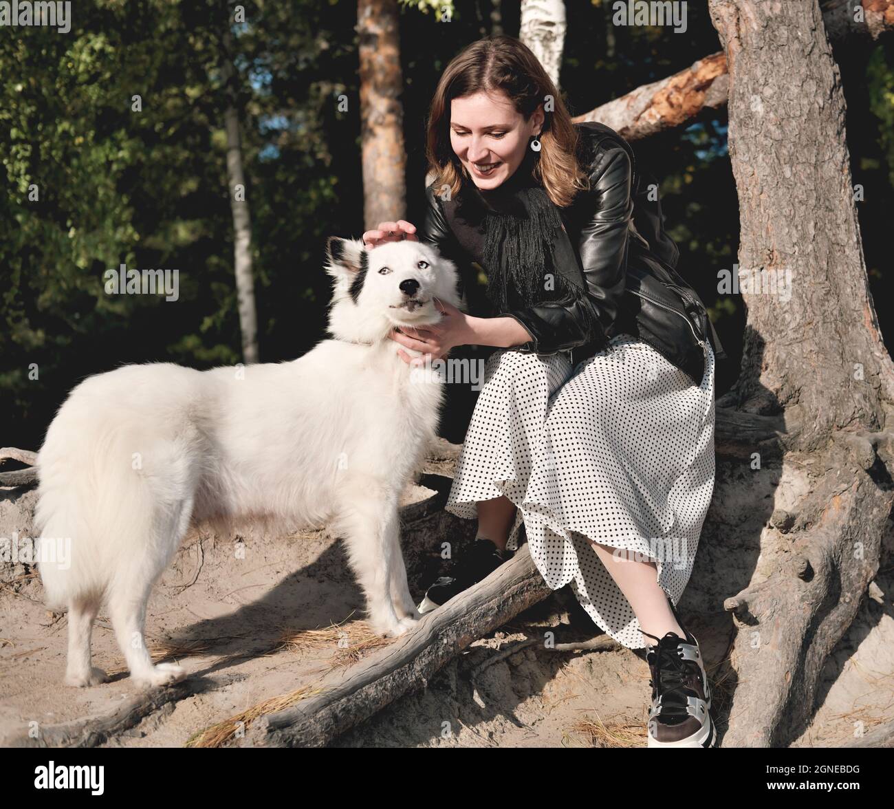 vue de face d'une jeune femme souriante qui se promoit à son chien, assis sous l'arbre dans une forêt. marche avec un chien, un animal de compagnie ami Banque D'Images