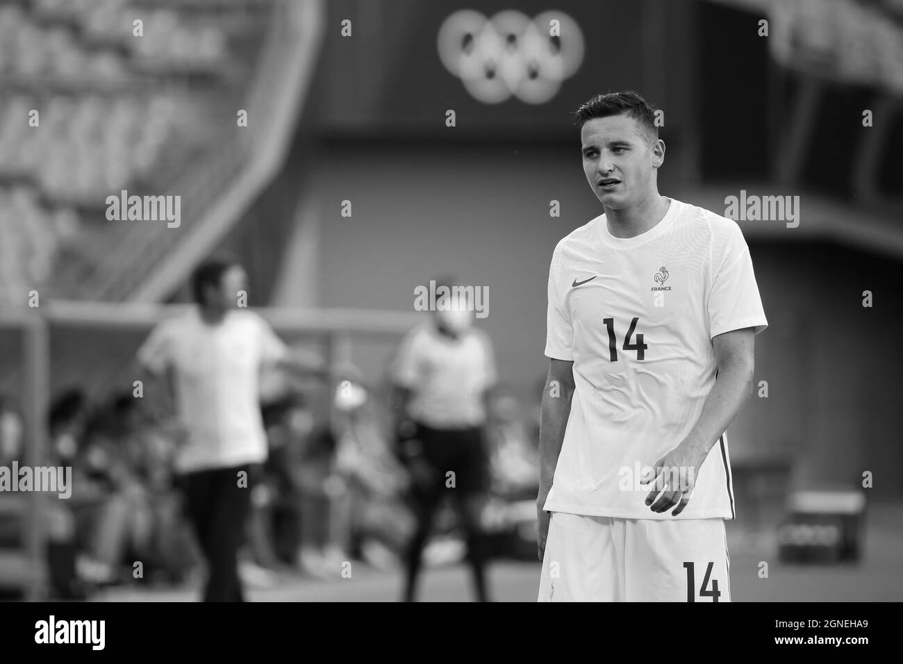 22 JUILLET 2021 - TOKYO, JAPON: Florian THAUVIN de France (14) réagit au cours du groupe masculin Un match entre le Mexique et la France au Tokyo Stadium du Banque D'Images