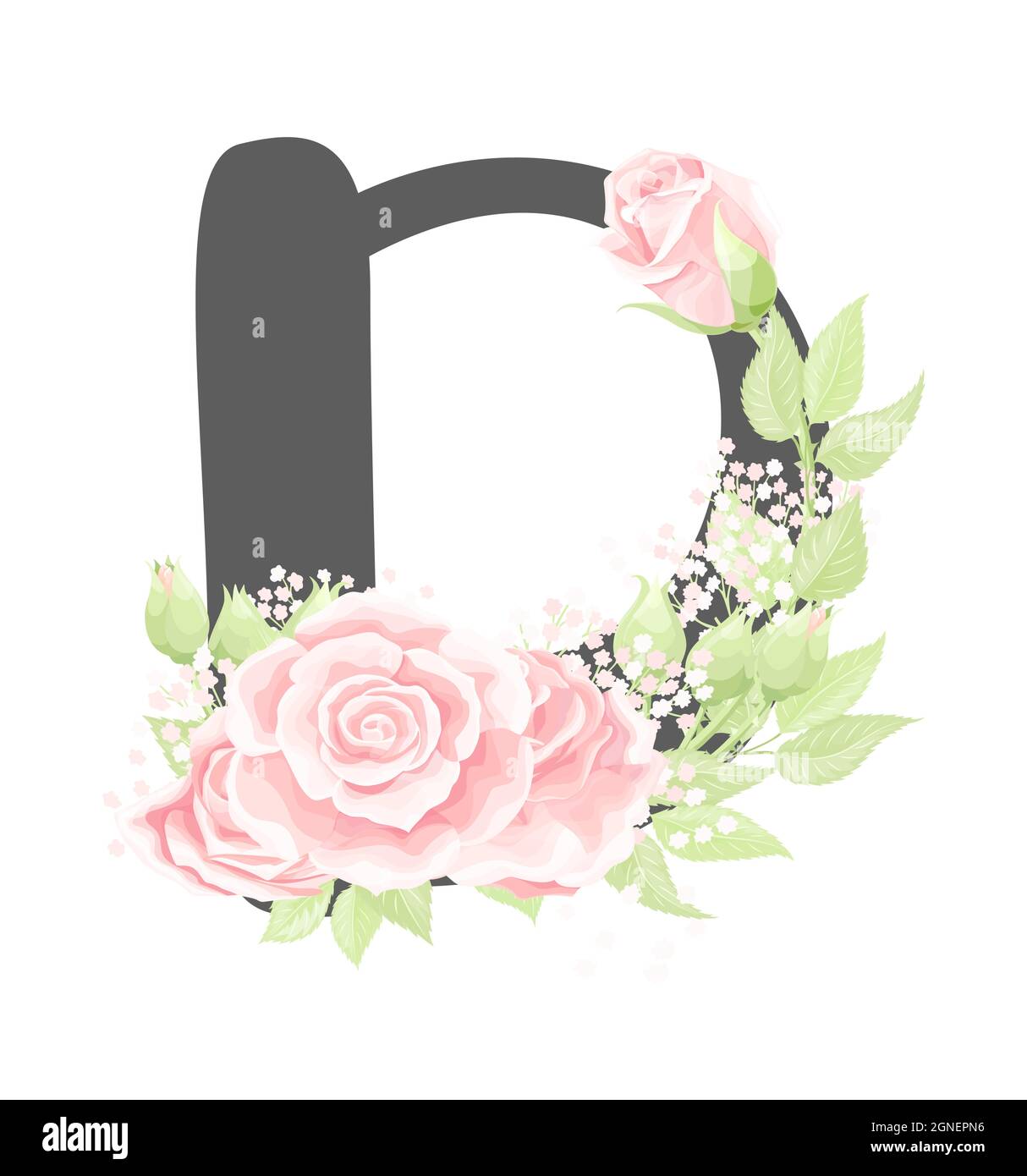 Lettre D de l'alphabet floral vectoriel avec fleurs roses crème et feuilles vertes Illustration de Vecteur