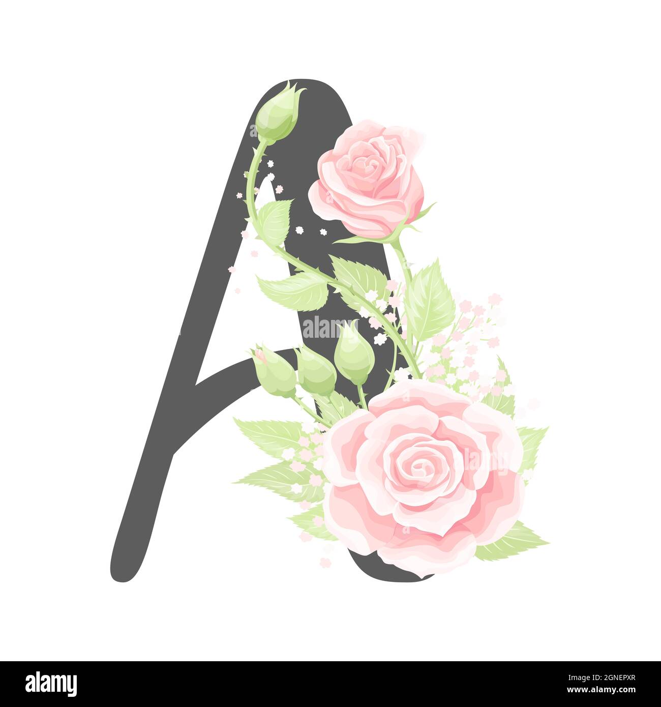 Lettre A de l'alphabet floral vectoriel avec fleurs roses crème et feuilles vertes Illustration de Vecteur