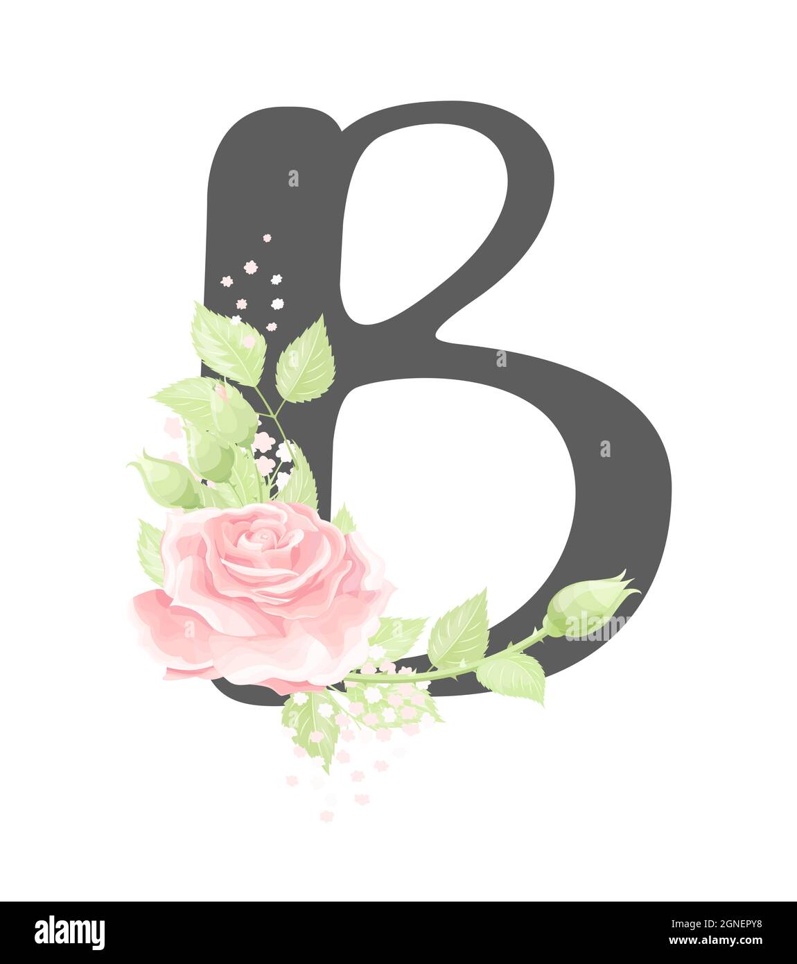 Lettre B de l'alphabet floral vectoriel avec fleurs roses crème et feuilles vertes Illustration de Vecteur