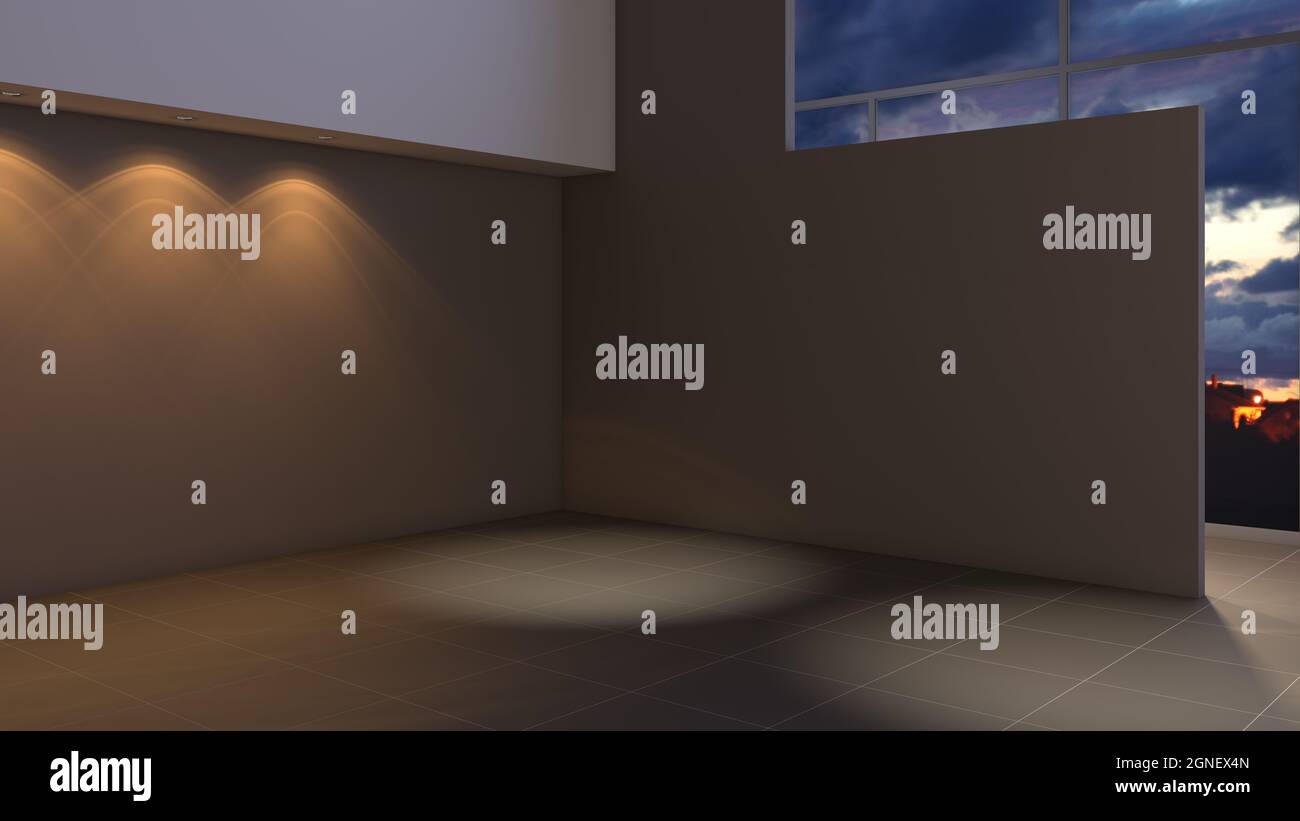 Coin intérieur vide moderne avec murs bruns, carreaux bruns sur le sol, projecteurs et une grande fenêtre du sol au plafond. Ultra HD 8K, rendu 3D Banque D'Images
