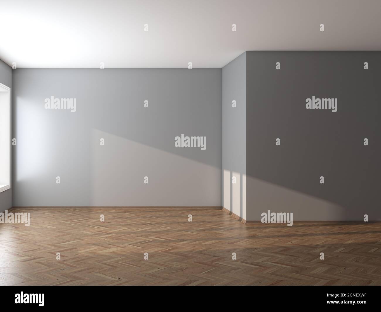 Intérieur vide de la pièce avec murs gris, parquet et un Plinth brun. Rendu 3D, 7680x5760, 300 dpi Banque D'Images