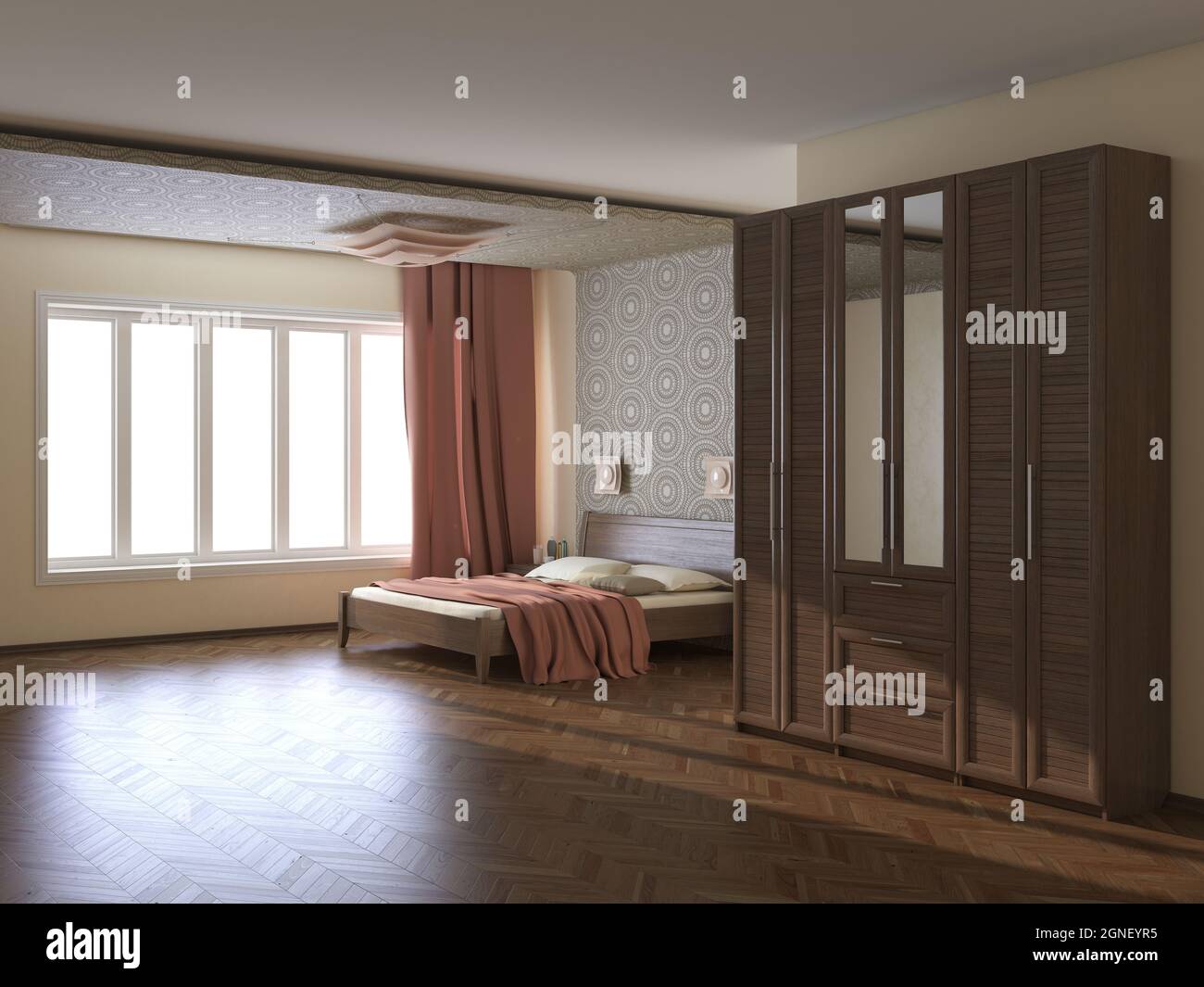 Intérieur moderne avec murs beige, rideaux en terre cuite, grande fenêtre, lit avec oreillers, armoire avec miroir et parquet Banque D'Images