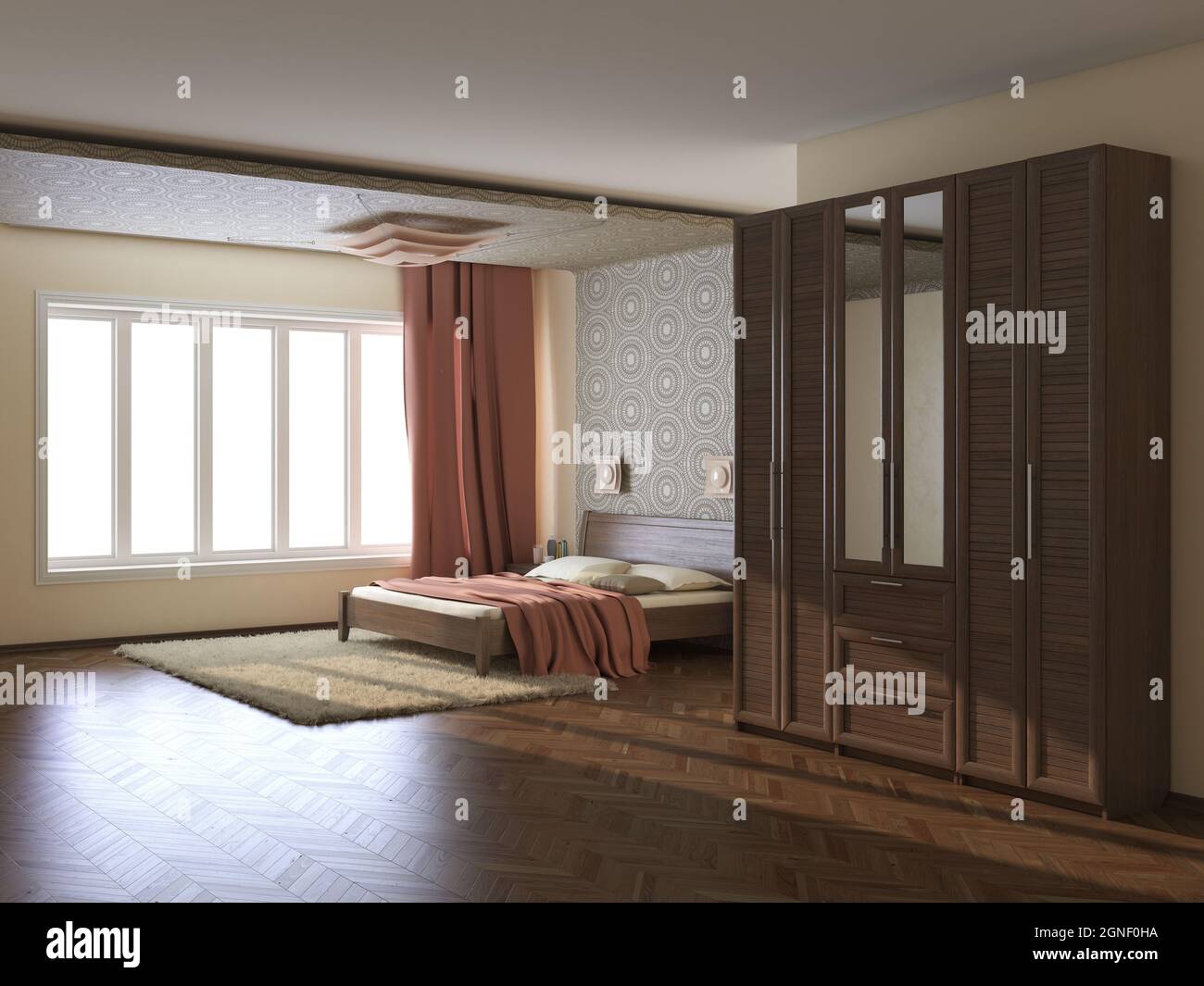 Intérieur moderne de chambre avec murs beige, rideaux en terre cuite, grande fenêtre, lit avec oreillers, armoire avec miroir, Moquette et parquet Banque D'Images