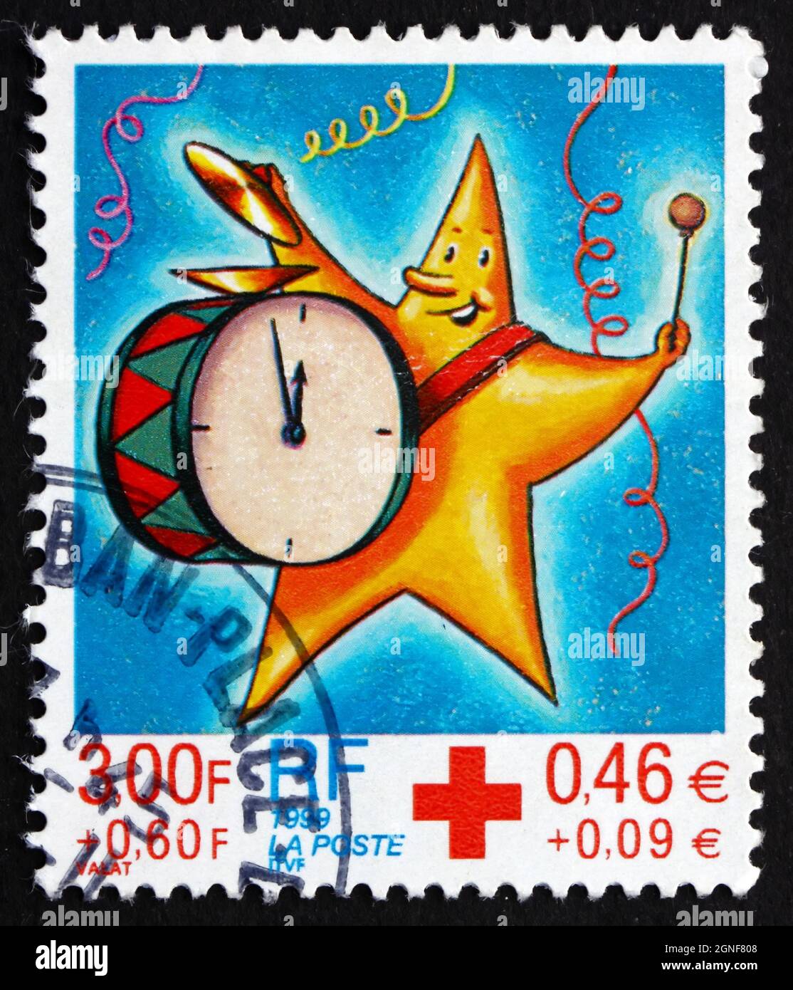 FRANCE - VERS 1999: Un timbre imprimé en France montre une étoile avec tambour, Noël, vers 1999 Banque D'Images