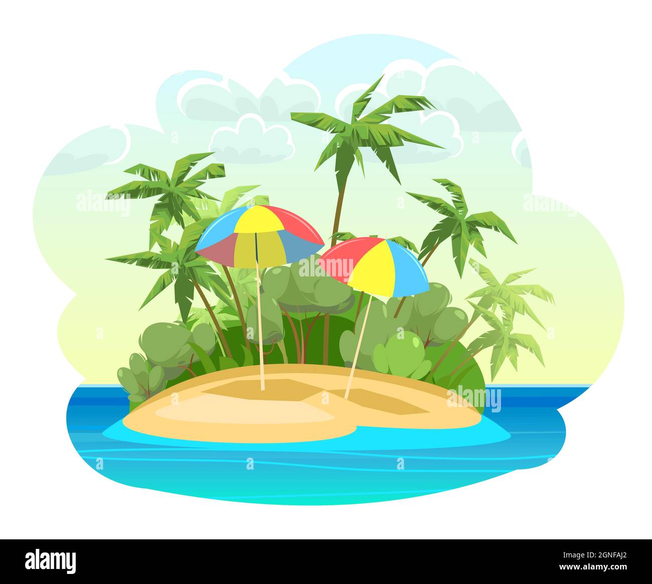 Île dans l'océan. Palmiers de la jungle. Style de dessin animé. Bleu mer calme. Illustration de la conception plate. Isolé sur fond blanc. Plage confortable et parasols Illustration de Vecteur