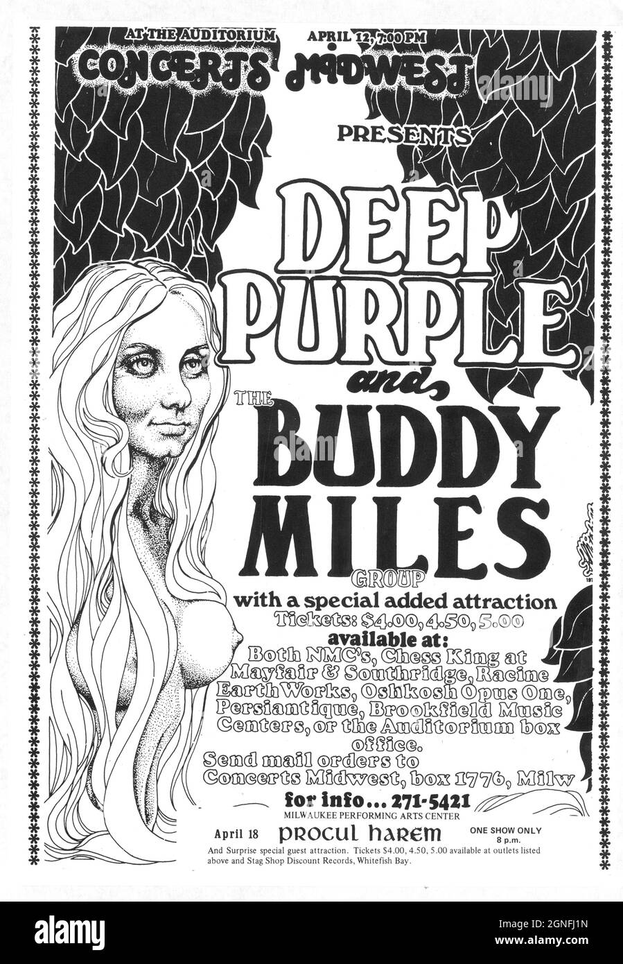 Deep Purple and Buddy Miles, Milwaukee Arts Center, avril 12. 1972 publicité dans les journaux. Banque D'Images