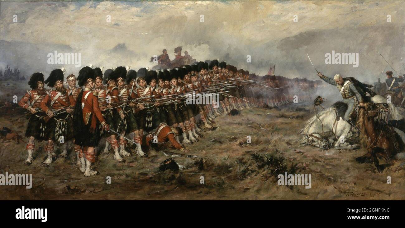 Les 93e Highlanders de Campbell repoussent la cavalerie russe pendant la bataille de Balaclava dans la guerre de Crimée. Peinture par Robert Gibb Banque D'Images