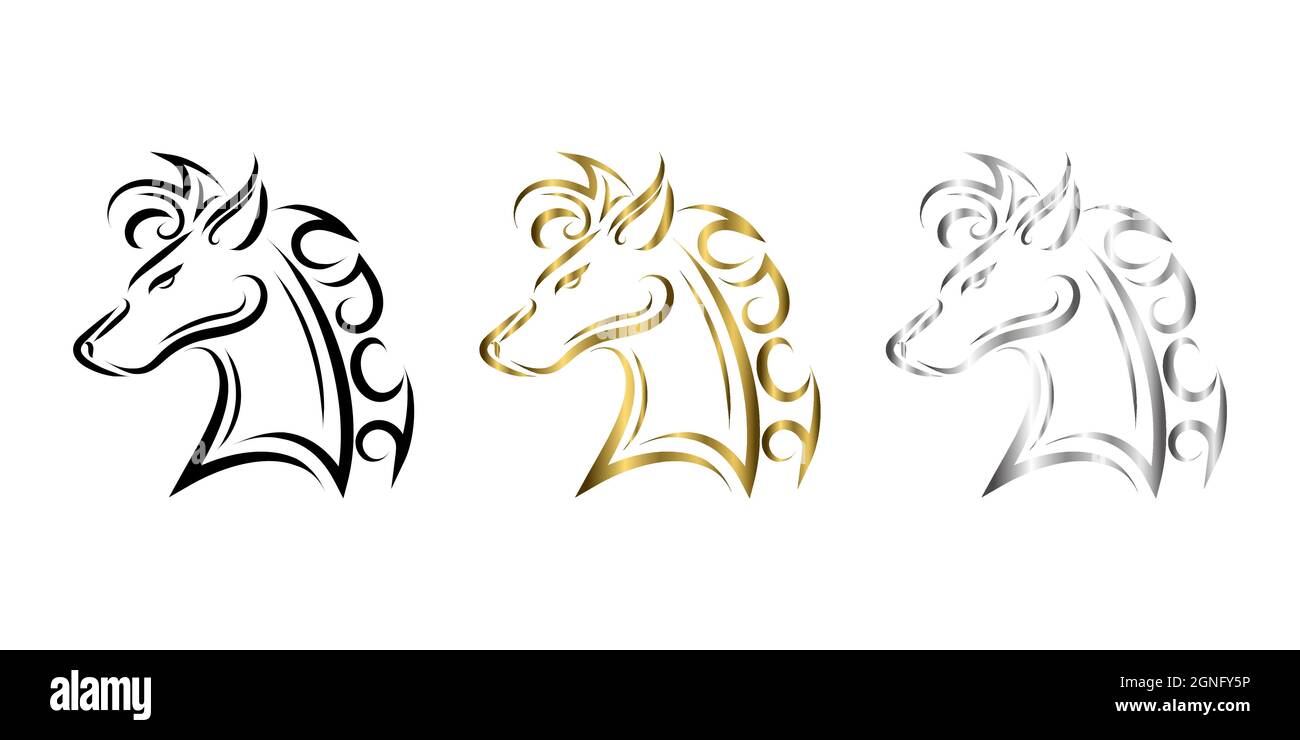 trois couleurs noir or et argent ligne art de la tête de cheval. Bon usage pour symbole, mascotte, icône, avatar, tatouage, T-shirt, logo ou tout autre motif que vous avez Illustration de Vecteur