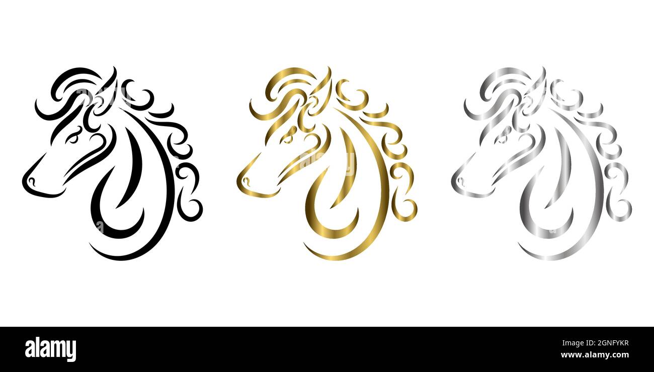 trois couleurs noir or et argent ligne art de la tête de cheval. Bon usage pour symbole, mascotte, icône, avatar, tatouage, T-shirt, logo ou tout autre motif que vous avez Illustration de Vecteur
