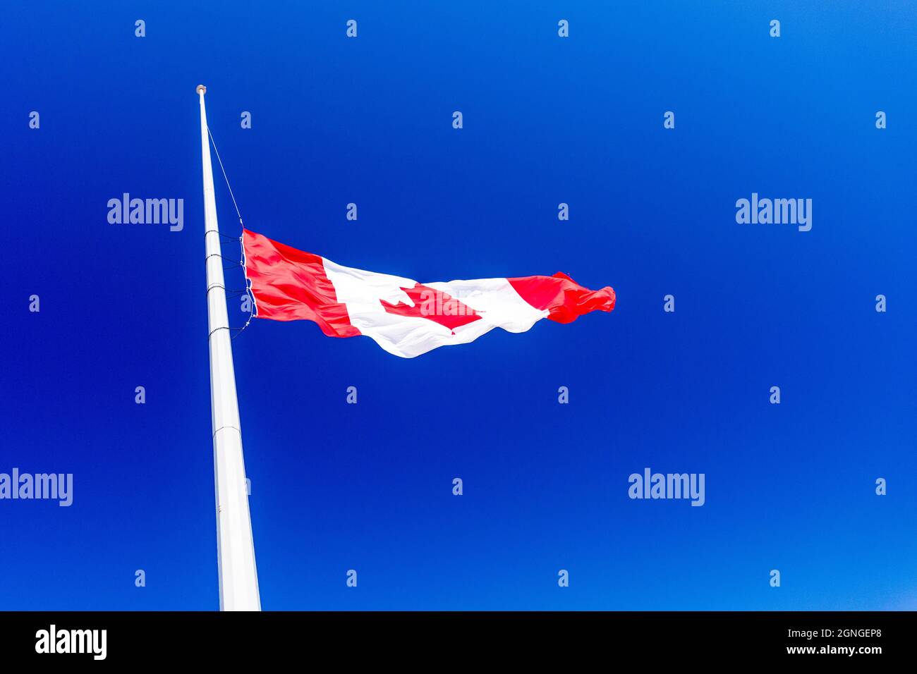 Un drapeau canadien vole à la moitié du personnel en l'honneur des survivants des pensionnats autochtones. Banque D'Images