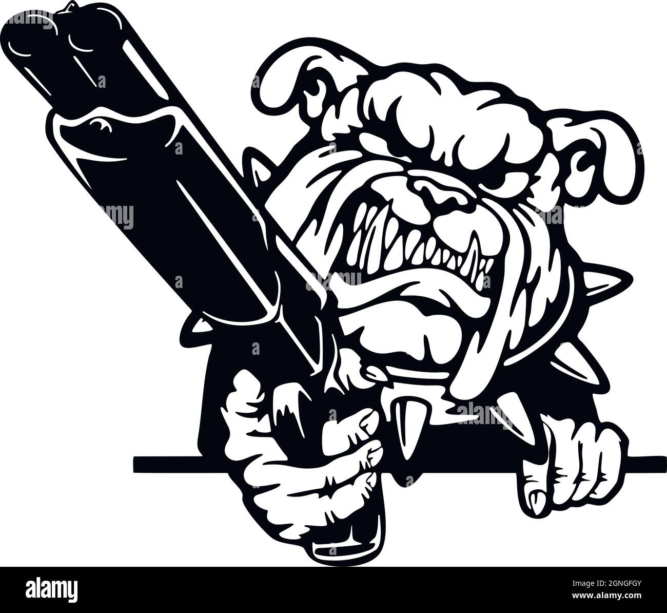 Angry English Bulldog - mauvais chien avec un fusil - stencil vectoriel. Tête de chien avec canon isolé sur blanc Illustration de Vecteur