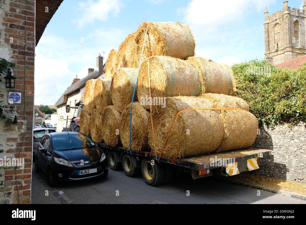 Angleterre, Royaume-Uni - septembre 2021 : transport de grosses balles de foin par un camion sur une route étroite de village en Angleterre, au Royaume-Uni Banque D'Images