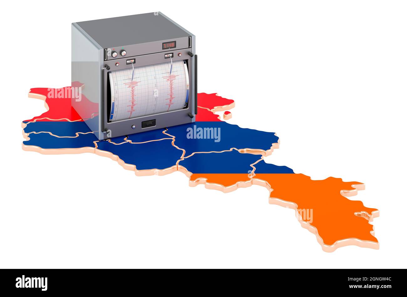 Tremblement de terre en Arménie, concept. Sismographe sur la carte arménienne. Rendu 3D isolé sur fond blanc Banque D'Images