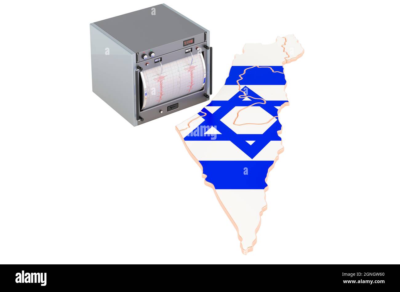 Tremblement de terre en Israël, concept. Sismographe sur la carte israélienne. Rendu 3D isolé sur fond blanc Banque D'Images