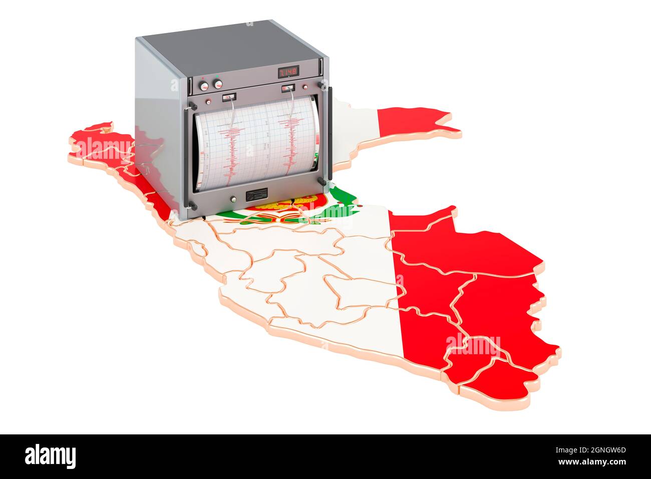 Tremblement de terre au Pérou, concept. Sismographe sur la carte péruvienne. Rendu 3D isolé sur fond blanc Banque D'Images