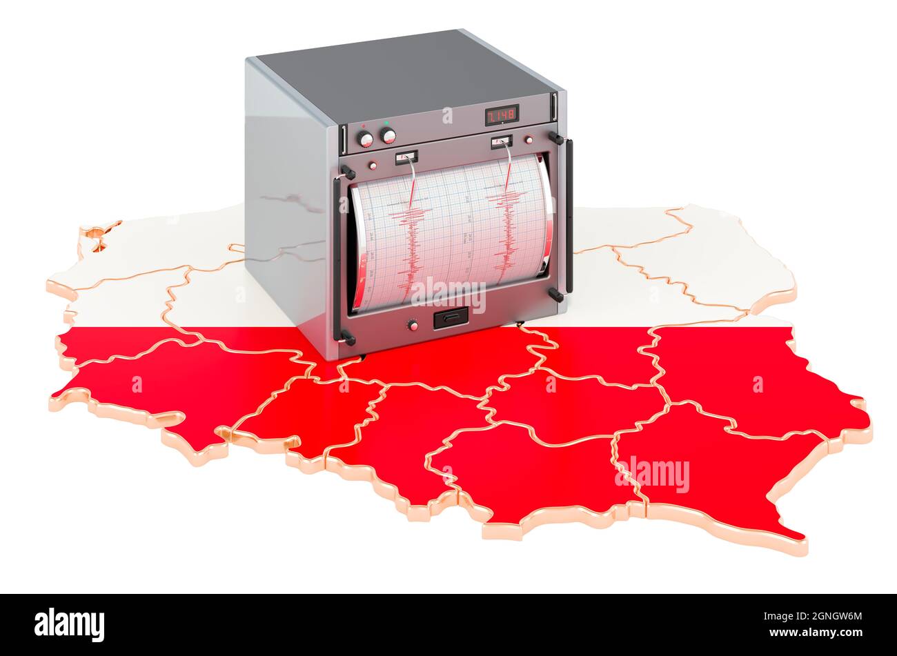 Tremblement de terre en Pologne, concept. Sismographe sur la carte polonaise. Rendu 3D isolé sur fond blanc Banque D'Images