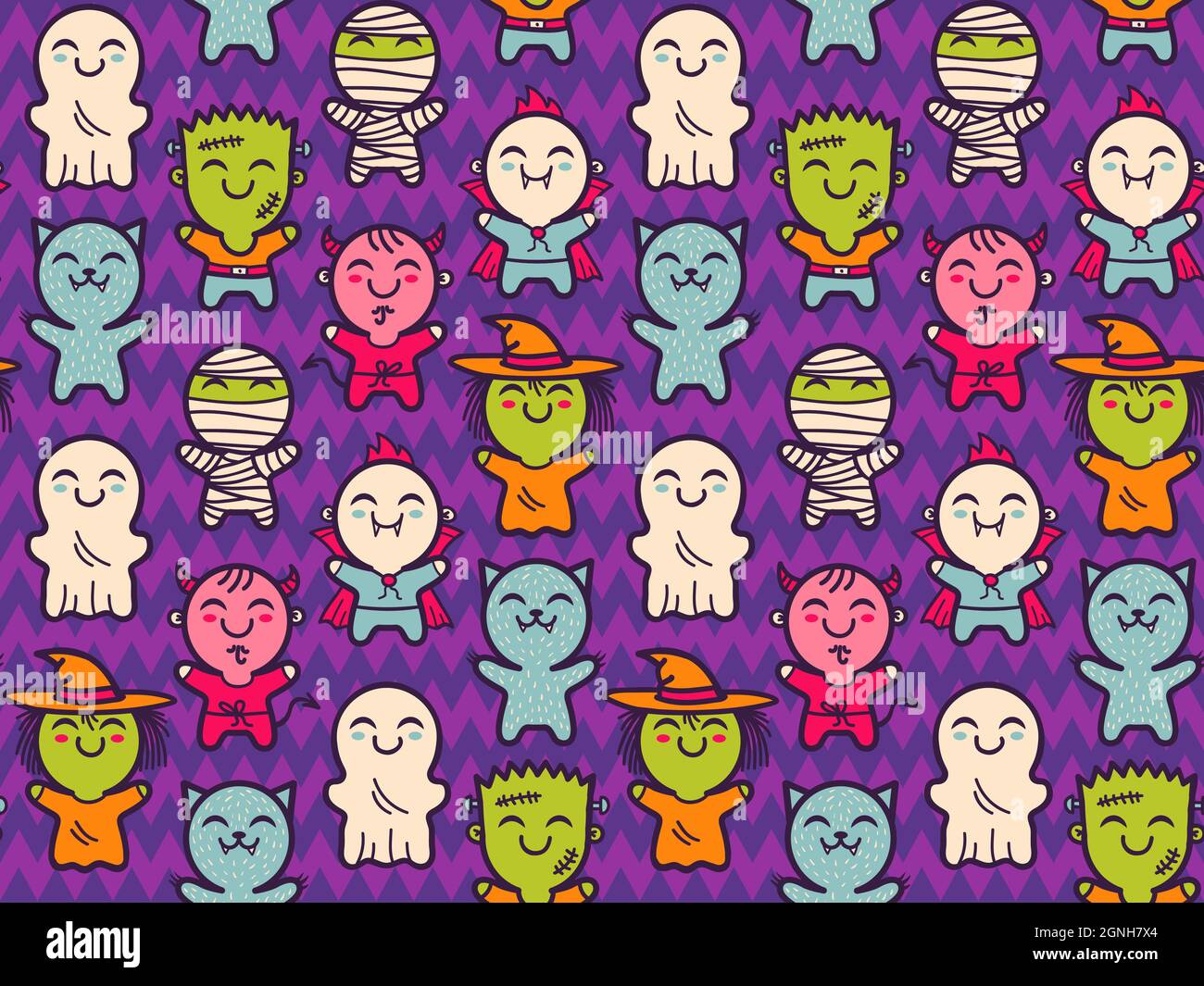Motif vectoriel sans coutures avec enfants en costumes pour Halloween. Motif avec de jolis enfants dans les costumes de monstres d'Halloween. Texture Halloween. Illustration de Vecteur