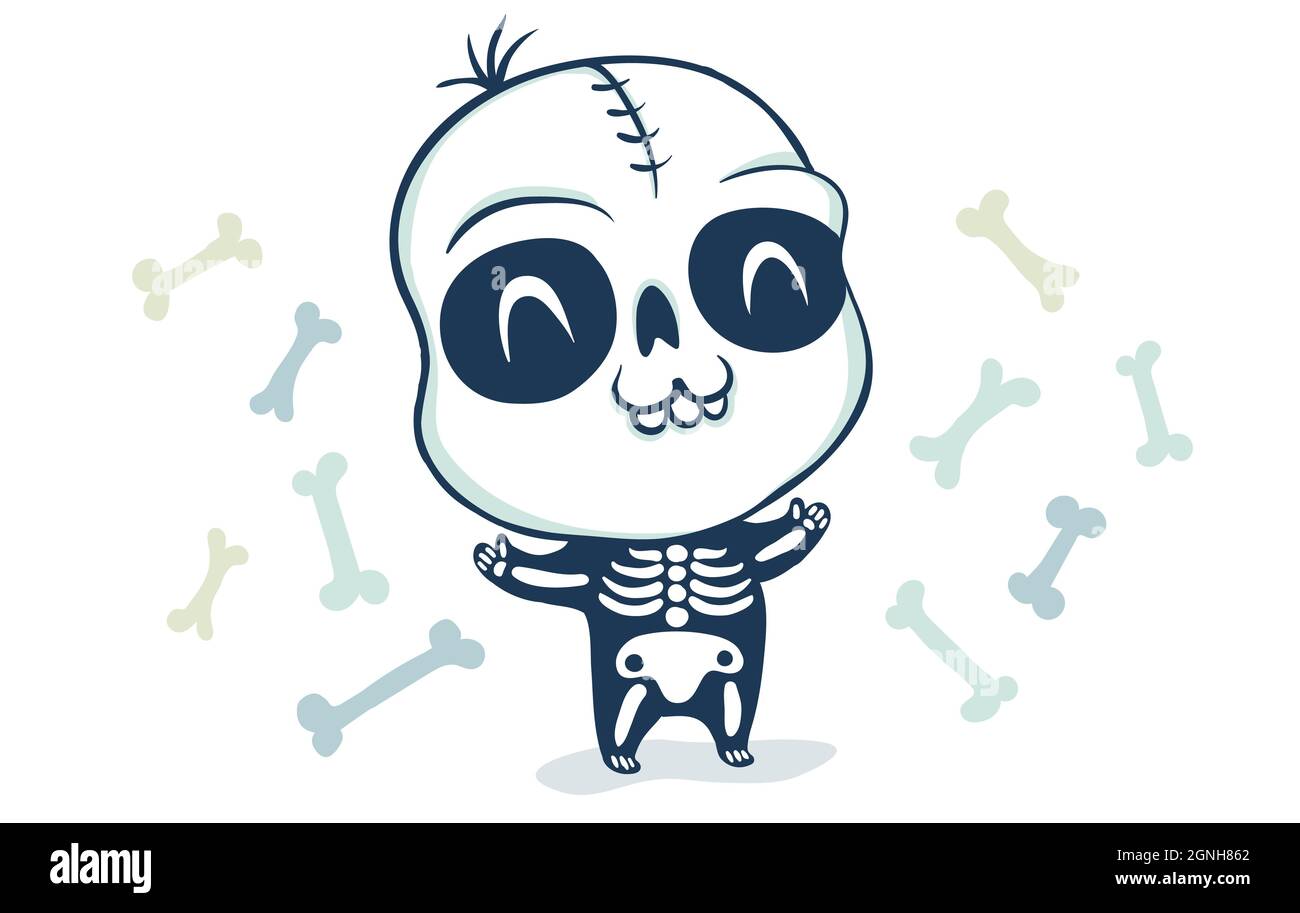 Illustration vectorielle d'un squelette dans le style kawaii. Illustration d'un enfant mignon en costume de squelette. Halloween monstre. Illustration de Vecteur