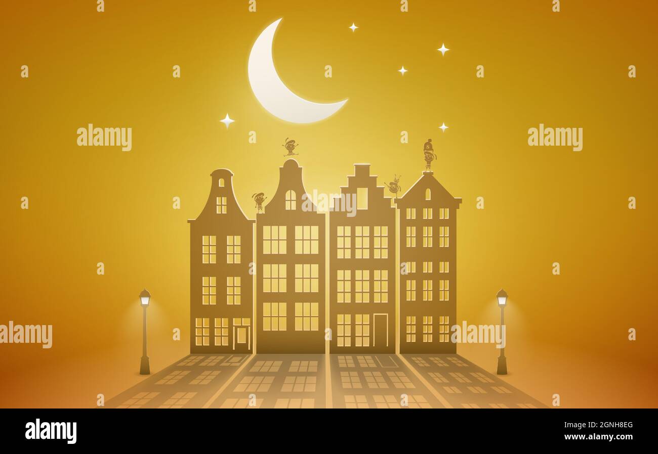 Fête des fêtes hollandaises - Saint Nicholas ou Sinterklaas devant la ville la nuit - graphique papier Illustration de Vecteur
