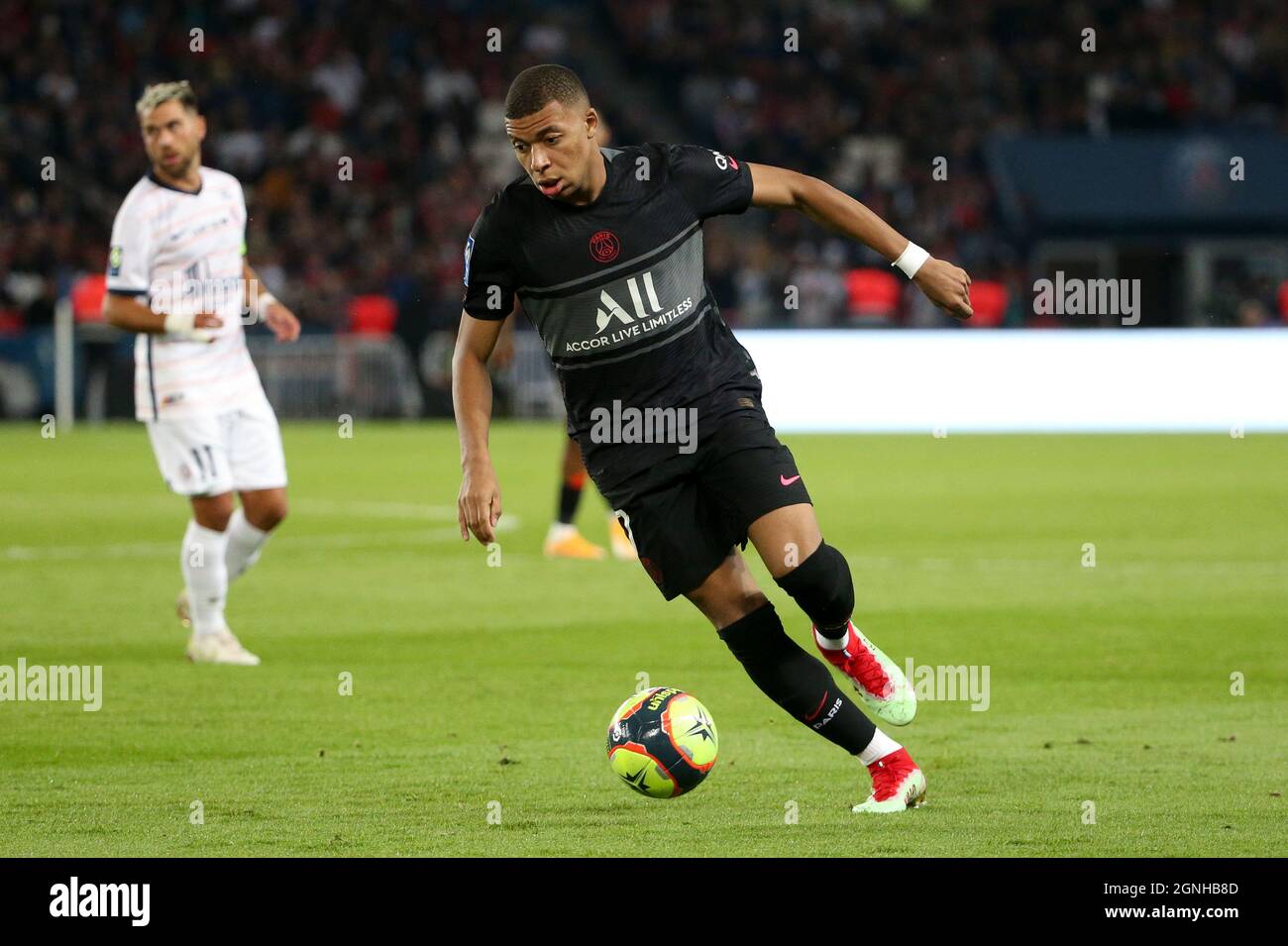 Kylian Mbappe du PSG lors du championnat français Ligue 1 de football entre Paris Saint-Germain (PSG) et Montpellier HSC (MHSC) le 25 septembre 2021 au stade du Parc des Princes à Paris, France - photo Jean Catuffe / DPPI Banque D'Images