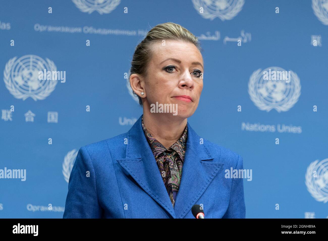 New York, États-Unis. 25 septembre 2021. Maria Zakharova, porte-parole du ministère des Affaires étrangères, organise une conférence de presse par le ministre des Affaires étrangères de la Fédération de Russie, Sergey Lavrov, au siège de l'ONU, au cours de la haute semaine des Nations Unies. (Photo de Lev Radin/Pacific Press) crédit: Pacific Press Media production Corp./Alay Live News Banque D'Images