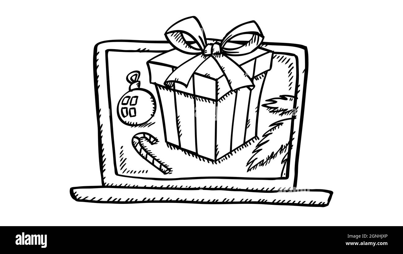 Illustration vectorielle Doodle du cadeau de noël sur l'écran d'un ordinateur portable. Illustration à la main noire et blanche. Illustration de Vecteur