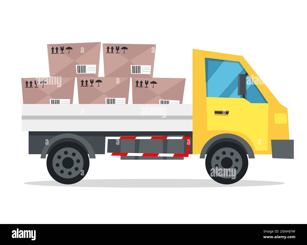 Illustration vectorielle de style dessin animé d'un camion de livraison avec boîtes en carton. Le chariot est isolé sur fond blanc Illustration de Vecteur