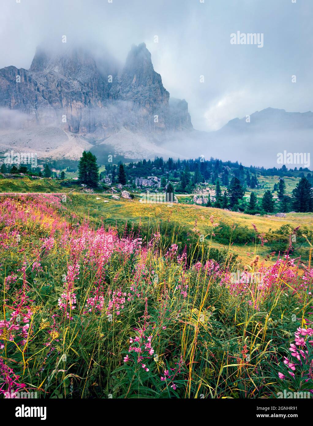 Vue du matin sur le pic de la Pista Lagazuoi depuis le col de Falzarego. Pittoresque scène estivale des Alpes Dolomiti, Cortina d'Ampezzo, Italie, Europe. B Banque D'Images