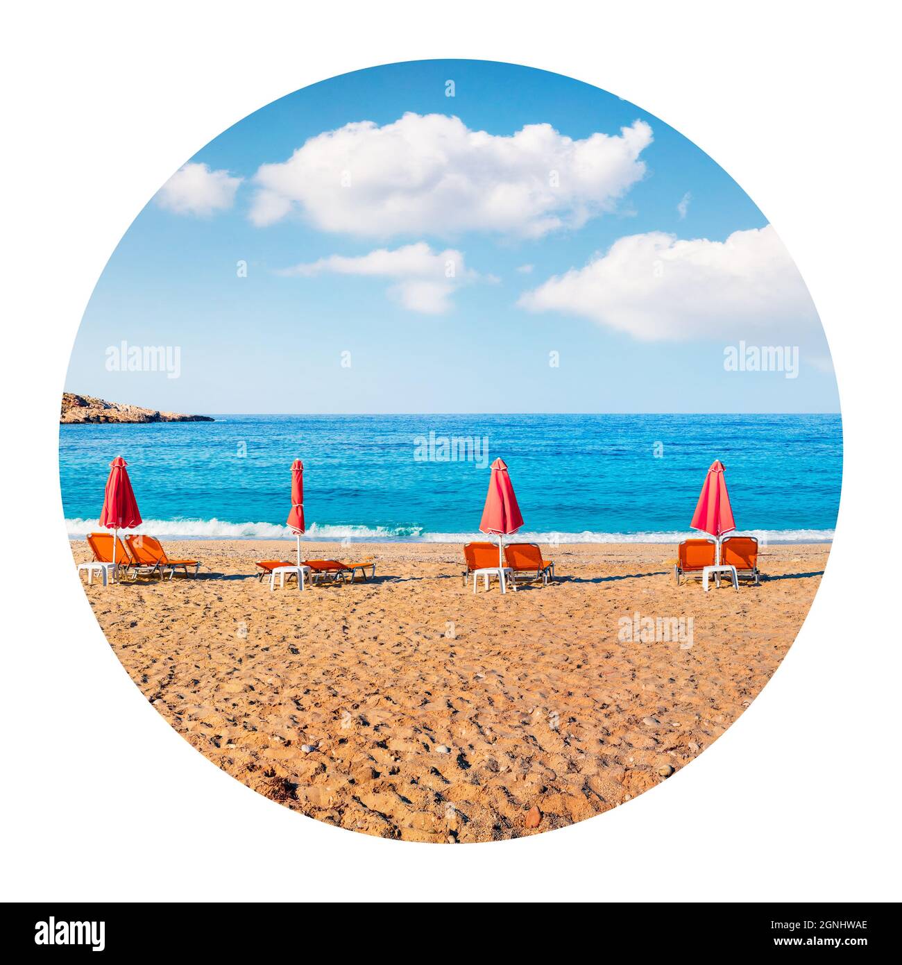 Icône ronde de la nature avec paysage. Vue romantique d'été sur la plage de Petani. Scène matinale colorée de l'île de Céphalonie, Grèce, Europe. Photographie dans Banque D'Images