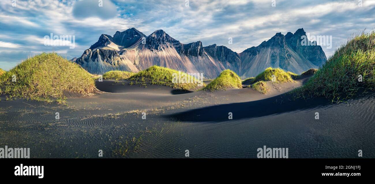 Magnifique vue de l'après-midi sur le cap Stokknes avec Vestahorn (montagne Batman) en arrière-plan. Paysage d'été panoramique avec dunes de sable noir avec gree Banque D'Images