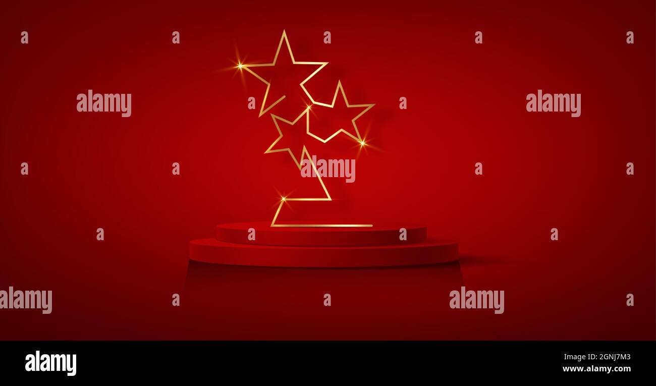 Podium 3D gagnant, concept Red Carpet Party Gold stars Award. Bannière Hollywood Golden stars prix silhouette statue icône. Films et symboles de cinéma Illustration de Vecteur Podium 3D gagnant, concept Red Carpet Party Gold stars Award. Bannière Hollywood Golden stars prix silhouette statue icône. Films et symboles de cinéma Illustration de Vecteur