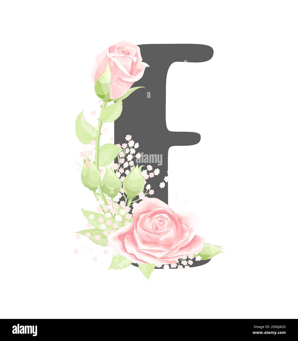Lettre E de l'alphabet floral vectoriel avec fleurs roses crème et feuilles vertes Illustration de Vecteur