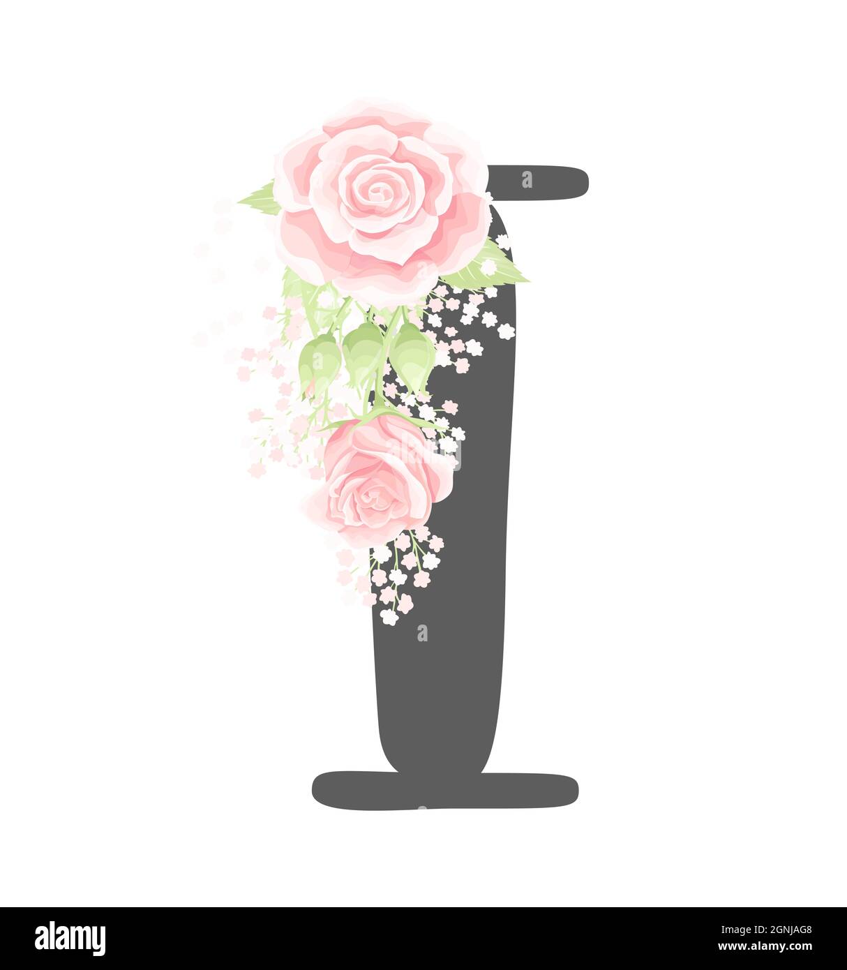 Lettre I de l'alphabet floral vectoriel avec des fleurs roses crème et des feuilles vertes Illustration de Vecteur