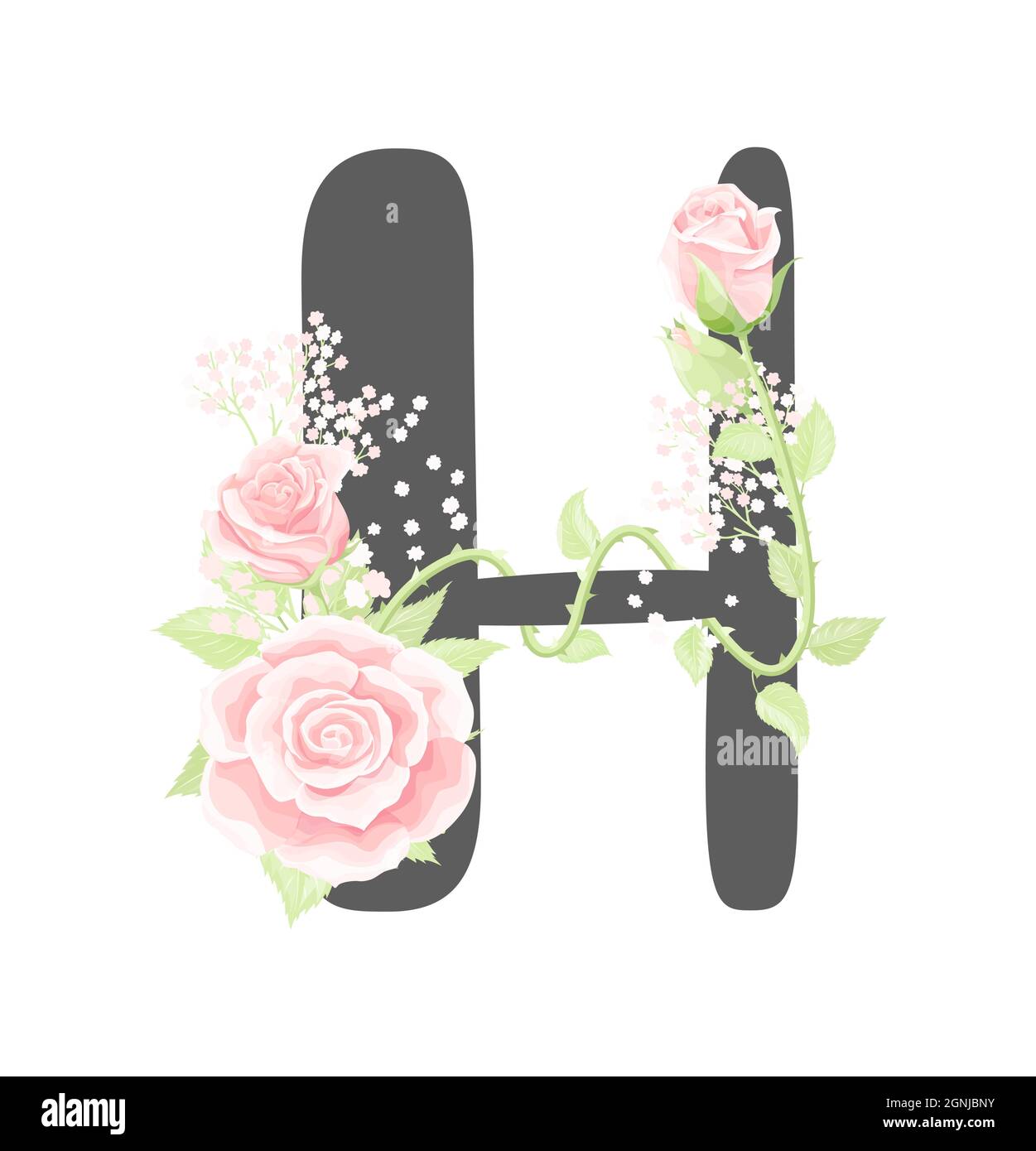 Lettre H de l'alphabet floral vectoriel avec fleurs roses crème et feuilles vertes Illustration de Vecteur