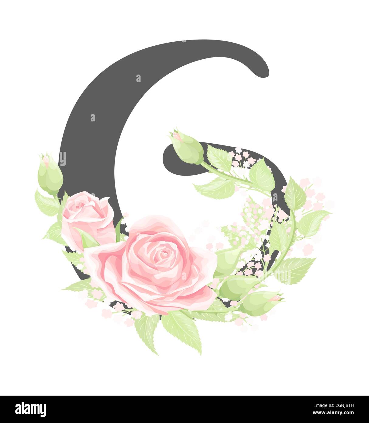 Lettre G de l'alphabet floral vectoriel avec fleurs roses crème et feuilles vertes Illustration de Vecteur