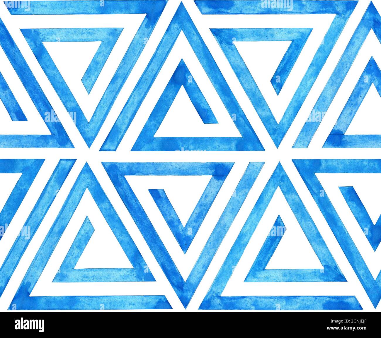 Aquarelle illustration de lignes géométriques bleues motif sans couture en forme de triangle. Un arrière-plan sans fin de répétition de triangles isolés o Banque D'Images