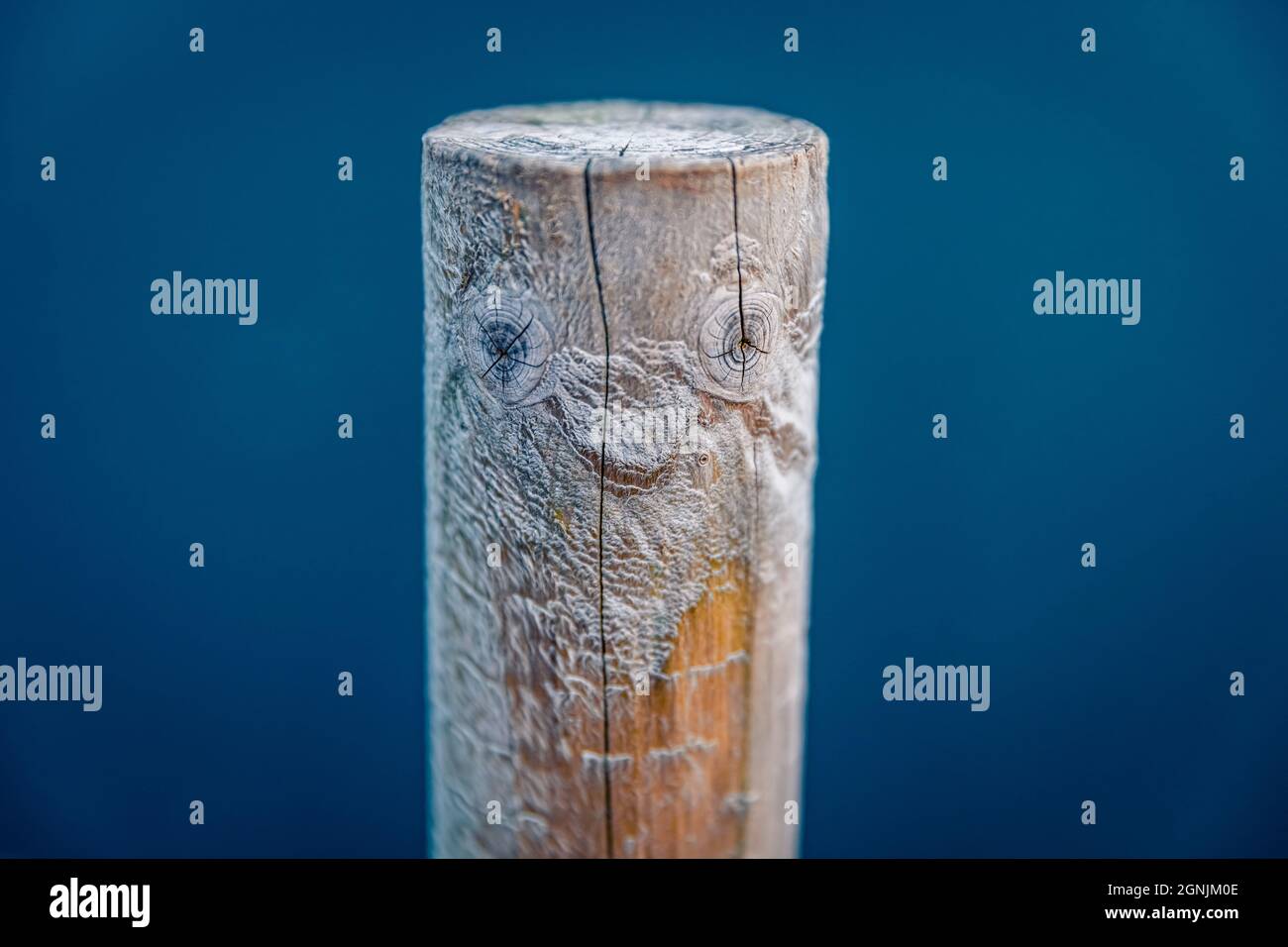 Colonne en bois en forme de visage humain. Banque D'Images