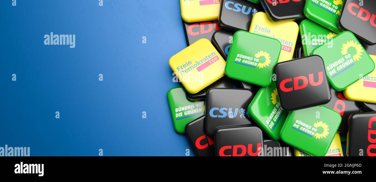 Logos des partis politiques allemands CDU/CSU, Die Grünen, FDP qui pourraient former la coalition dite de la Jamaïque aux élections du Bundestag. Copier sp Banque D'Images