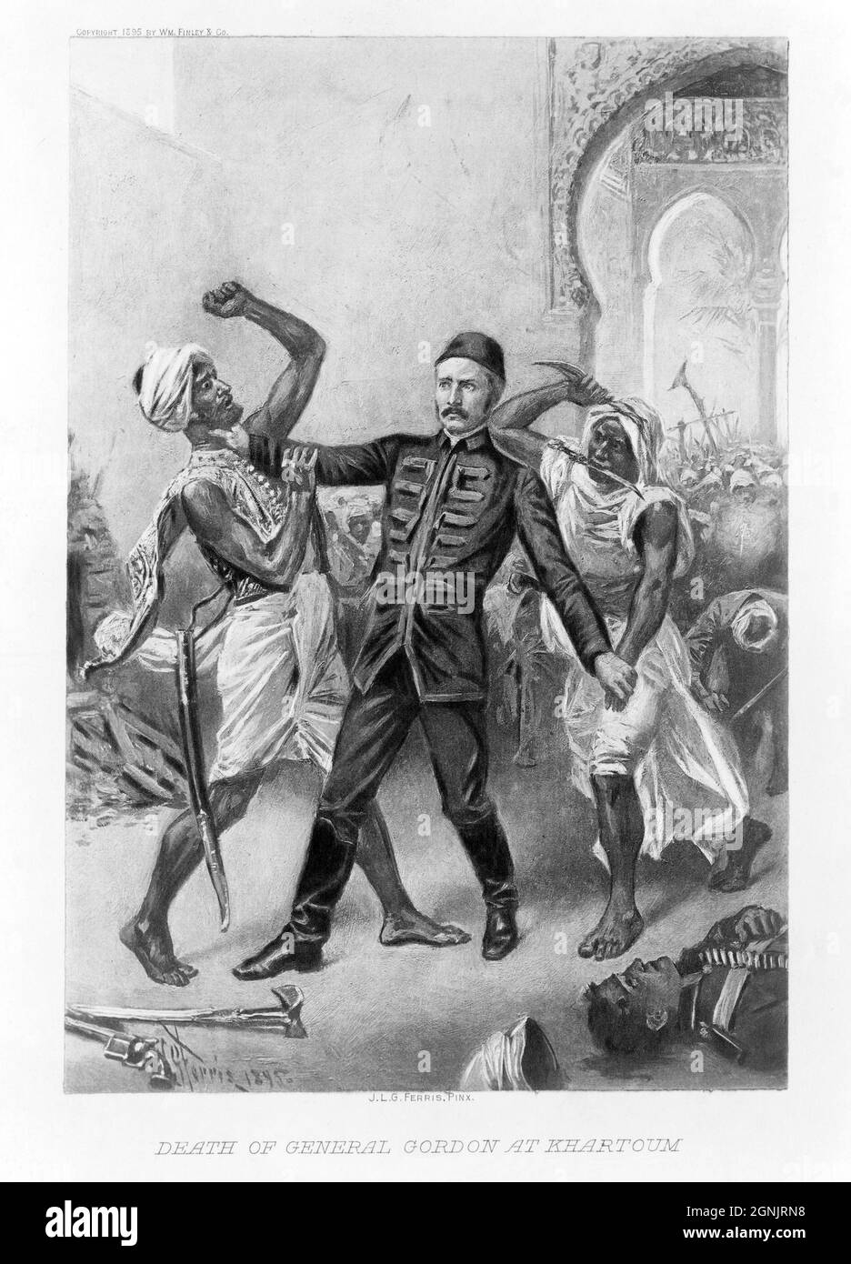 Illustration ancienne de la mort du général de division Charles George Gordon le 26 janvier 1885 lors du siège de Khartoum au Soudan, dirigé par le chef religieux musulman et auto-proclamé Mahdi, Muhammad Ahmad. Par l'artiste Jean Leon Gerome Ferris Banque D'Images