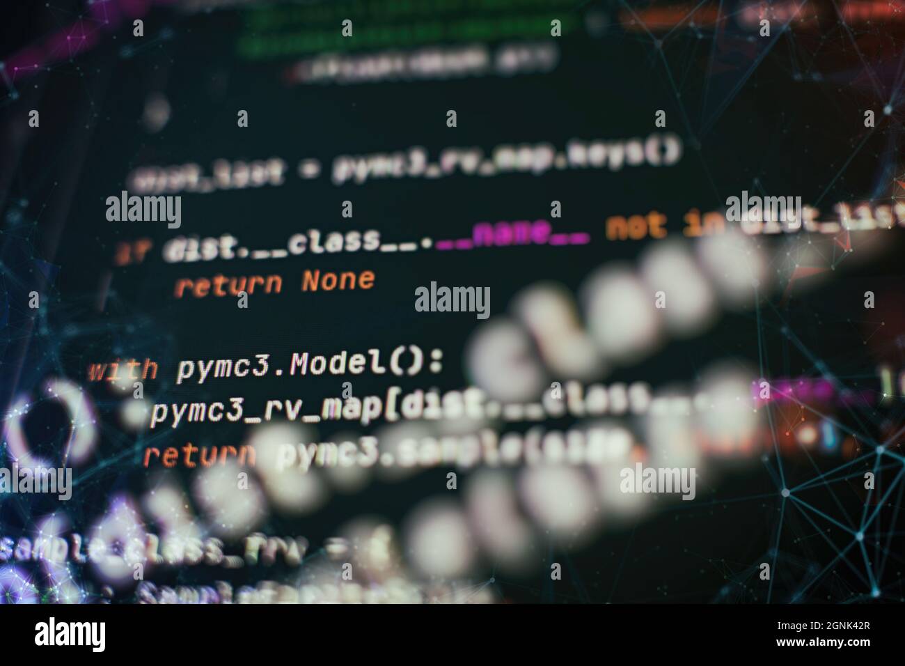 Code de script informatique abstrait. Écran de code de programmation du développeur de logiciel. Temps de travail de programmation logicielle. Texte de code écrit et créé entièrement b Banque D'Images