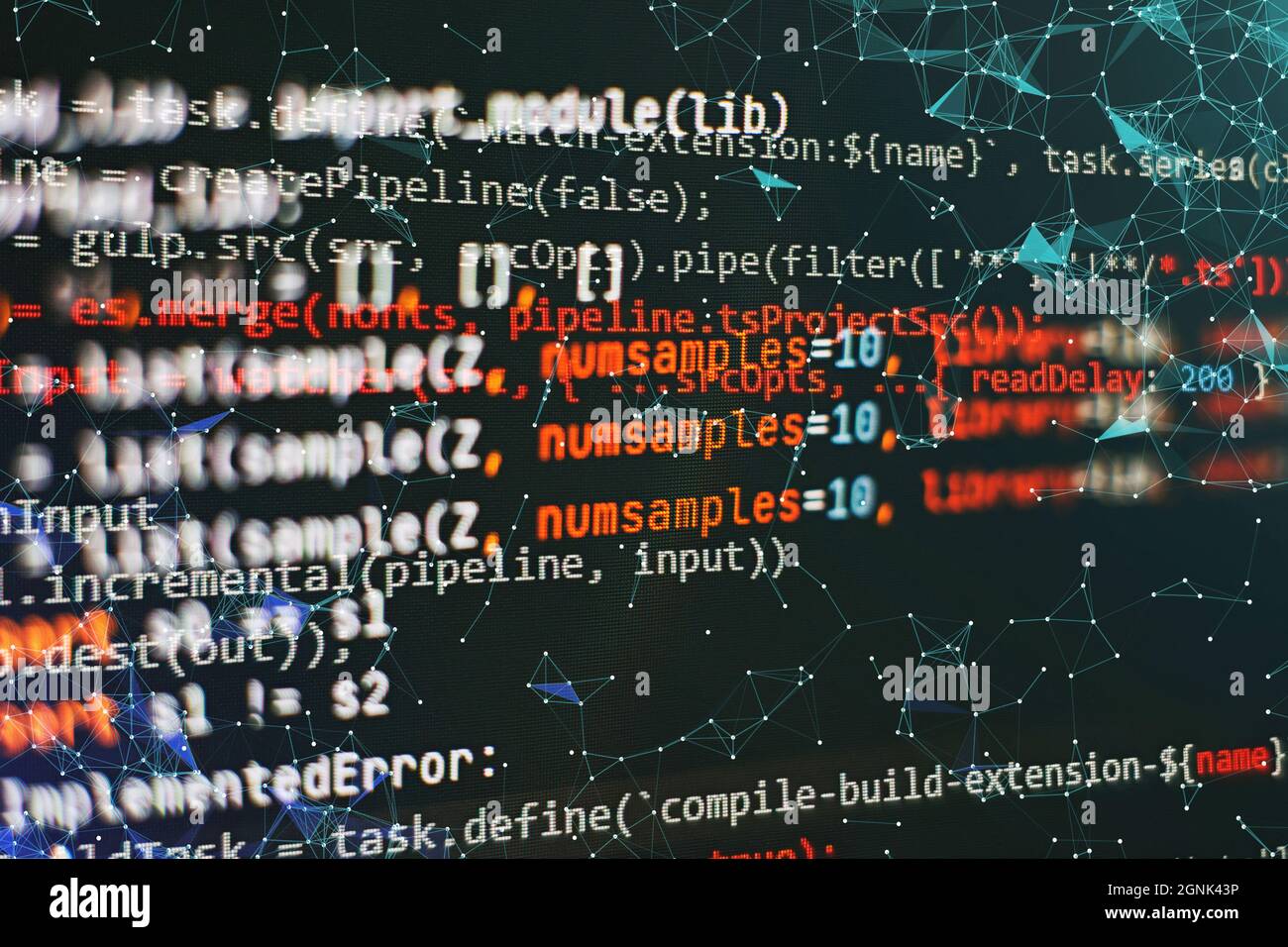 Code de script informatique abstrait. Écran de code de programmation du développeur de logiciel. Temps de travail de programmation logicielle. Texte de code écrit et créé entièrement b Banque D'Images